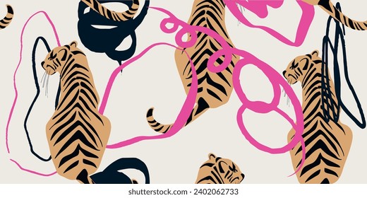 Tigers and abstract forms seamless pattern. Creative collage pattern. Fashionable template for design.
