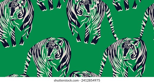 Tigers and abstract forms seamless pattern. Creative collage pattern. Fashionable template for design.
