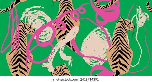 Tigers and abstract forms seamless pattern. Creative collage pattern. Fashionable template for design