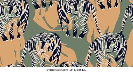 Tigers and abstract forms seamless pattern. Creative collage pattern. Fashionable template for design
