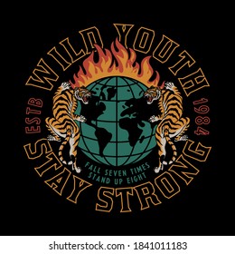 Tigers Around Burning Globe Illustration with Slogans Vector Artwork on Black Background for Apparel and Other Uses