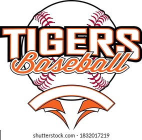 Tigers Baseball Design With Banner and Ball is a team design template that includes a softball graphic, overlaying text and a blank banner with space for your own information. Great for advertising.