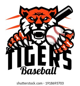 Tigers Baseball team design with head mascot Tiger holding ball and Baseball Bat . Great for team or school mascot or t-shirts and others.