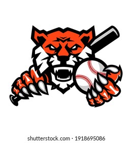 Tigers Baseball team design with head mascot Tiger holding ball and Baseball Bat . Great for team or school mascot or t-shirts and others.