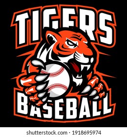 Tigers Baseball team design with head mascot Tiger holding ball. Great for team or school mascot or t-shirts and others.