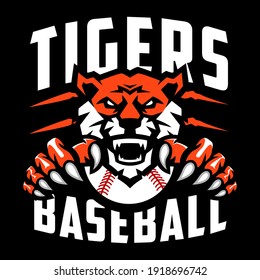 Tigers Baseball Team Design With Head Mascot Tiger Holding Ball. Great For Team Or School Mascot Or T-shirts And Others.