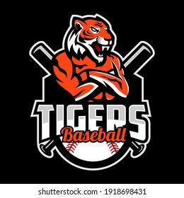 Tigers Baseball team design with mascot muscle Tiger . Great for team or school mascot or t-shirts and others.