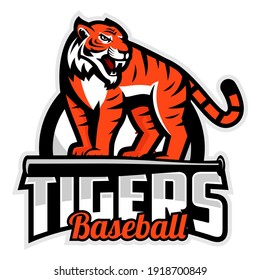 Tigers Baseball Team Design With Mascot Stands Tiger. Great For Team Or School Mascot Or T-shirts And Others.