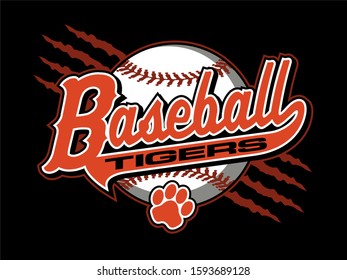 tigers baseball team design in script with rips and paw print for school, college or league