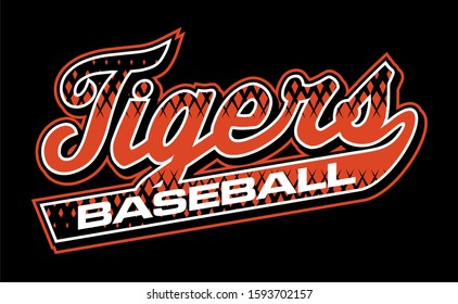 Tigers Baseball Team Design In Script With Tail For School, College Or League