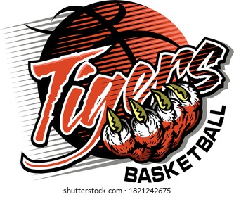 tigers basketball team design with paw holding ball for school, college or league