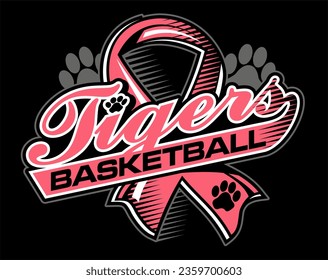 tigers basketball team design with pink cancer ribbon for school, college or league sports