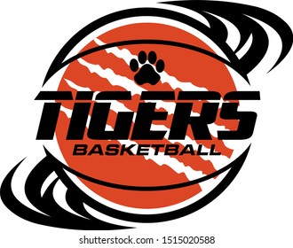 tigers basketball team design with ripped ball and paw print for school, college or league