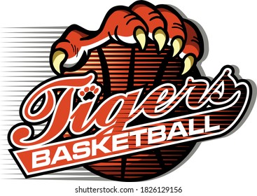 tigers basketball team design in script with large claw holding ball for school, college or league