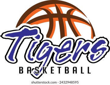 Tigers Basketball Team Graphic is a sports design template that includes graphic Tigers text and a stylized basketball. This is a great modern design for advertising and promotion such as t-shirts.