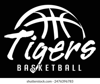 Tigers Basketball Team Graphic White Version is a sports design template that includes graphic Tigers text and a stylized basketball. This is a great modern design for advertising and promotions.