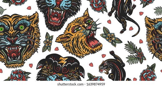 Tigers and black panthers seamless pattern. Old school tattoo. Asian wild cats heads. Traditional tattooing, japan art style 