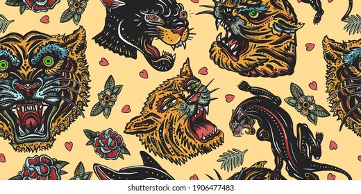 Tigres y panteras negras en un patrón impecable. Cabezas de gatos salvajes asiáticos. Tatuajes de la vieja escuela. Tatuajes tradicionales, estilo de arte japonés