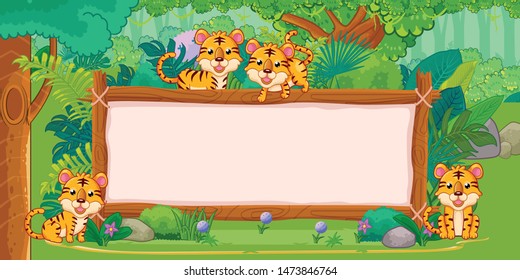 tigers with a blank sign wood in the jungle