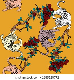 Tigres y ramas con flores sin fisuras. Impresión de moda, tela, diseño. - Vector.