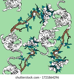 Tigers and branches with flowers seamless pattern. Menthol background. Fashion print, fabric, design. - Vector.