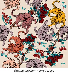 Tigers and branches with flowers seamless pattern. Fashion print, fabric, design. - Vector.