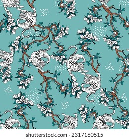 Tigers and branches with flowers seamless pattern. Fashion print, fabric, design. - Vector.