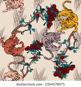 Tigers and branches with flowers seamless pattern. Fashion print, fabric, design. - Vector.