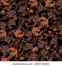 Tigers and branches with flowers seamless pattern. Fashion print, fabric, design.  Seamless pattern with stylized tigers. Surface animalistic background. Fun illustration for fabric, wallpape- Vector.