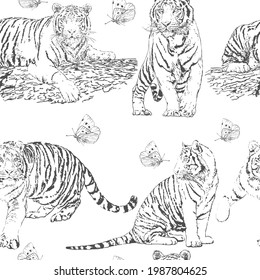 Tigers and butterflies. Seamless, monochrome, contour, abstract pattern. Vector illustration.