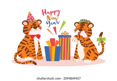 Tigers Calebrate New Year Party With Gift Box in New Year Day, Vector, Illustration