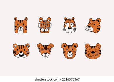 Colección de caricaturas de tigres. Conjunto de boquillas de costillas de tigre. Iconos vectores en el fondo aislado.