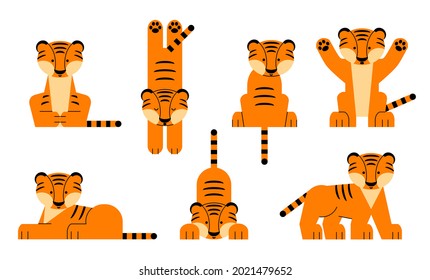 Tigers in a cartoon style. A vector set on an isolated background. A symbol of the New Year. Illustrations of children's clothing, posters and stickers.
