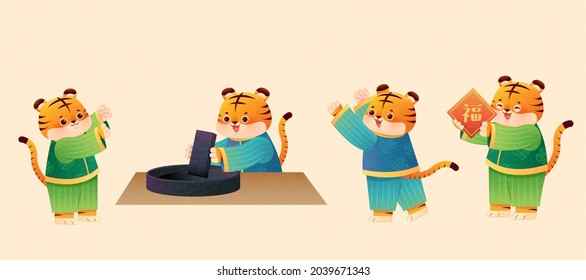 Tigers character set for CNY. One of them grinding the inkstone and the other tiger holding couplet with Blessing and Luck written on it