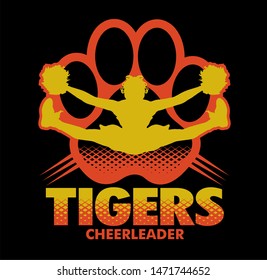 tigers cheerleader team design with girl doing a toe touch inside paw print for school, college or league