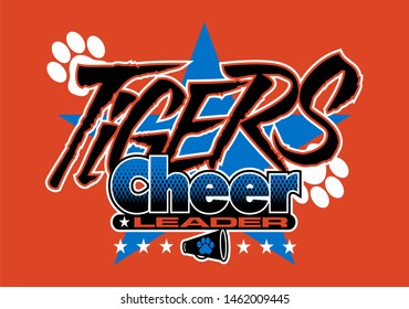 tigers cheerleader team design with large star, megaphone and paw prints for school, college or league