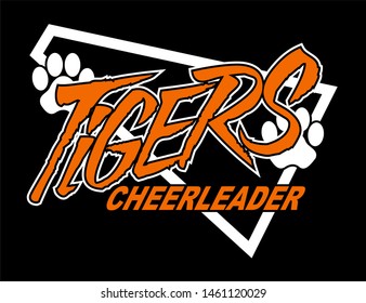 tigers cheerleader team design with megaphone and paw prints for school, college or league