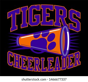 tigers cheerleader team design with megaphone and paw print for school, college or league