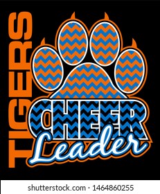 tigers cheerleader team design with paw print and chevrons for school, college or league