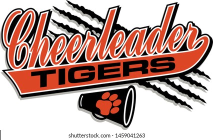 tigers cheerleader team design in script with tail for school, college or league