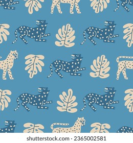 Tigers, cheetah and monsteras in the jungle repeat seamless pattern in vector.