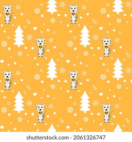Tigers and Christmas trees, around the stars, hearts, snowflakes on an orange background. Vector illustration of the year of the tiger.