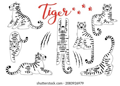 Tigers Clipart Set. Tiger Zodiac Symbols New Year 2022. Vector illustration.