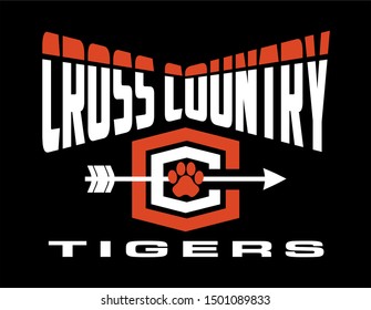 tigers cross country team design with paw print and arrow for school, college or league