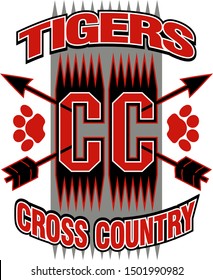 tigers cross country team design with arrows and paw prints for school, college or league