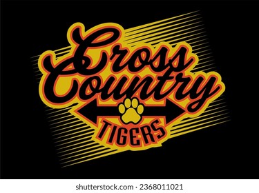 tigers cross country team design with paw print and arrows for school, college or league sports