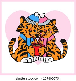 Tigers drinking hot drink and with pink heart background