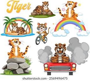 Tigers enjoying various fun activities and settings