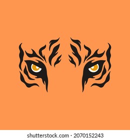 Tiger's Eye Symbol Logo on Orange Background. Wild Animal Tribal Tattoo Design. Stencil Flat Vector Illustration.