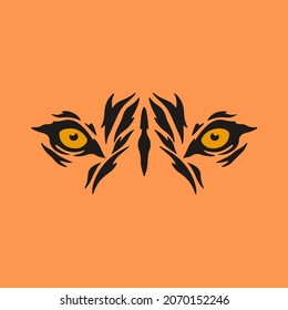 Tiger's Eye Symbol Logo on Orange Background. Wild Animal Tribal Tattoo Design. Stencil Flat Vector Illustration.